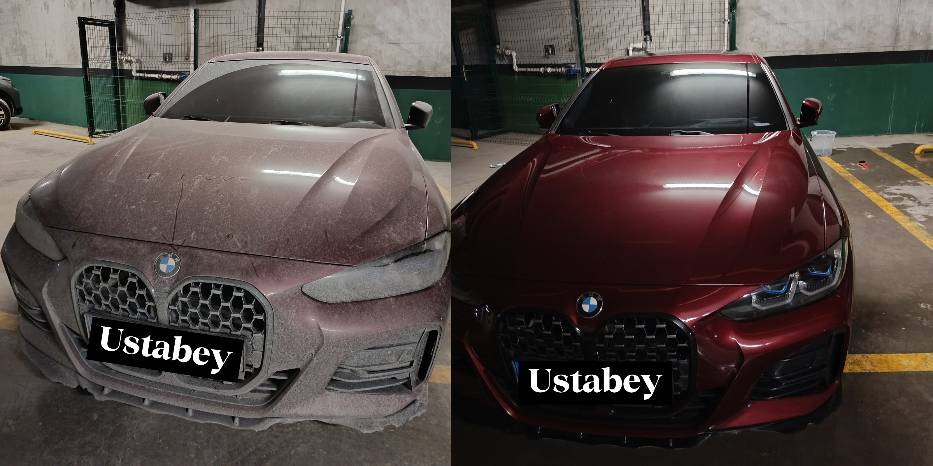 Ustabey servisi öncesi tozla kaplı BMW ve servis sonrası aynı araç